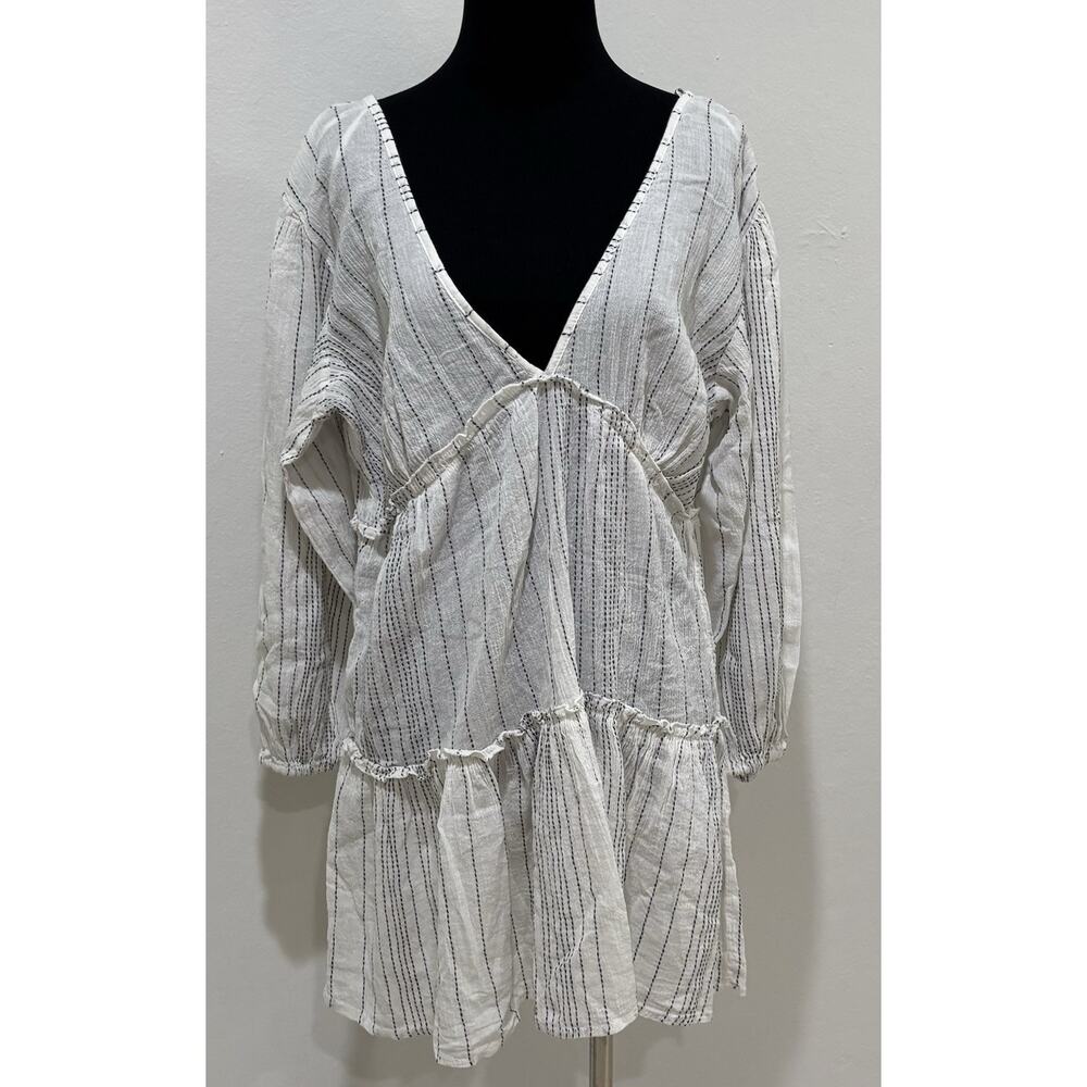 New BLUE ISLAND Stripe Cotton -Gauze Dress SZ Small Tassle Tiered